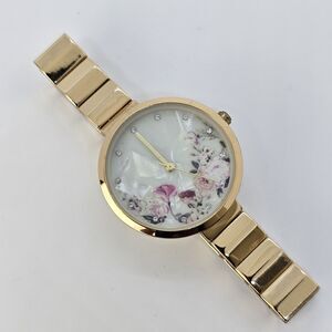 34MM Flowers Dial Women's Watch Gold Tone Bracelet Band 7.25" New‎ Battery